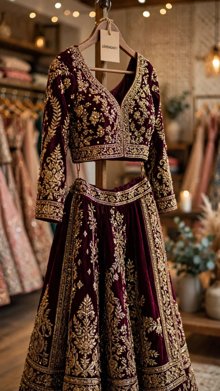 Regal Handcrafted Velvet Lehenga Set – Available in Royal Maroon & Emerald Green