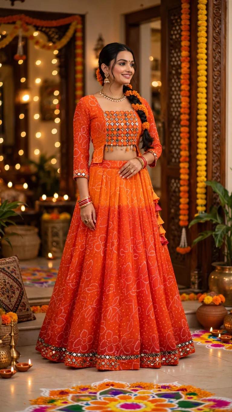 Vibrant Bandhani Mirror-Work Lehenga Choli Set – Available in Radiant Orange & Kaleidoscope Multi-Colour