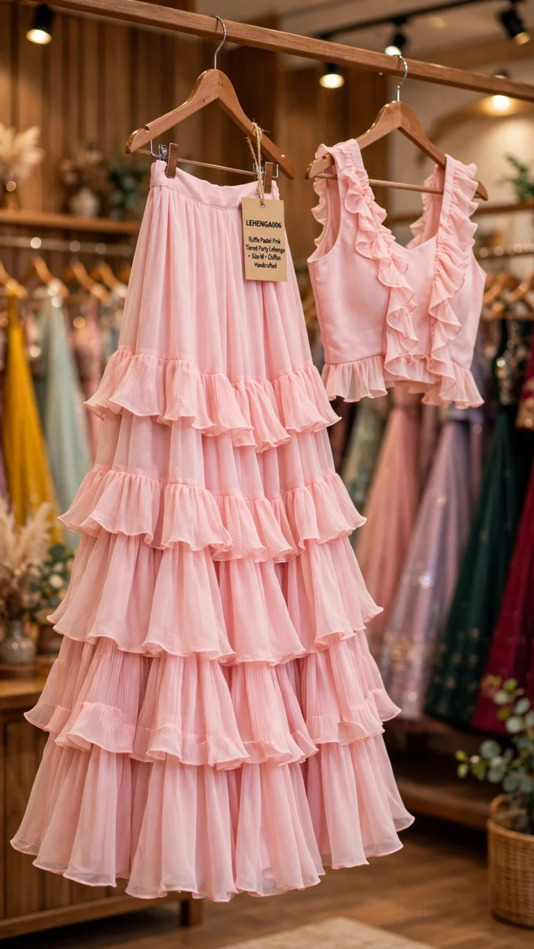 Enchanting Pastel Pink Festive Lehengas – Available in Tiered Ruffle Chiffon & Floral Embellished Silk