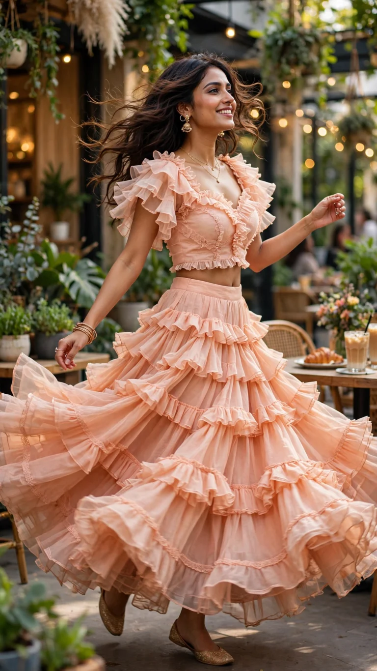 Ethereal Tiered Ruffle Lehenga Set – Available in Peach & Multicolour
