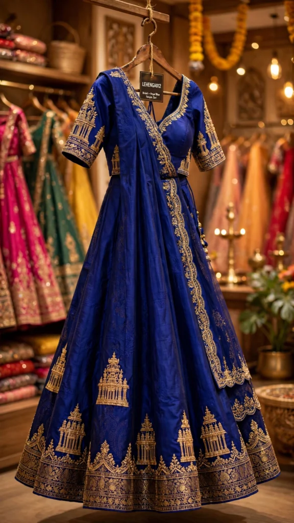 Heritage Temple Motif Embroidered Royal Blue & Shimmering Silver Lehengas – Available in Royal Blue & Shimmering Silver - Photo 1