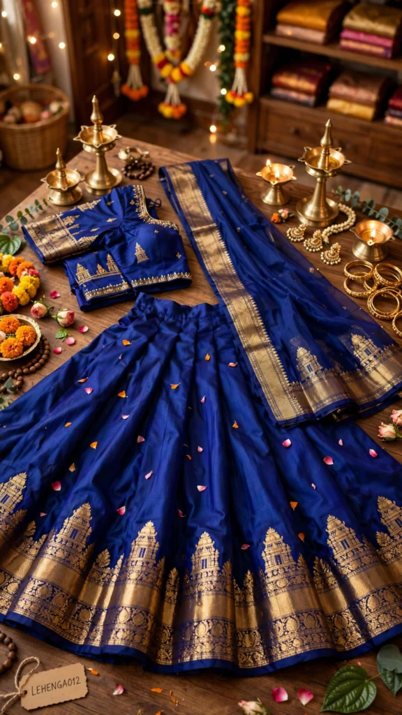 Heritage Temple Motif Embroidered Royal Blue & Shimmering Silver Lehengas – Available in Royal Blue & Shimmering Silver - Photo 3