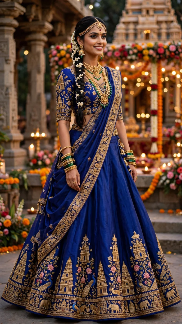Enchanting Temple Motif Lehenga Set – Available in Midnight Blue & Shimmering Silver