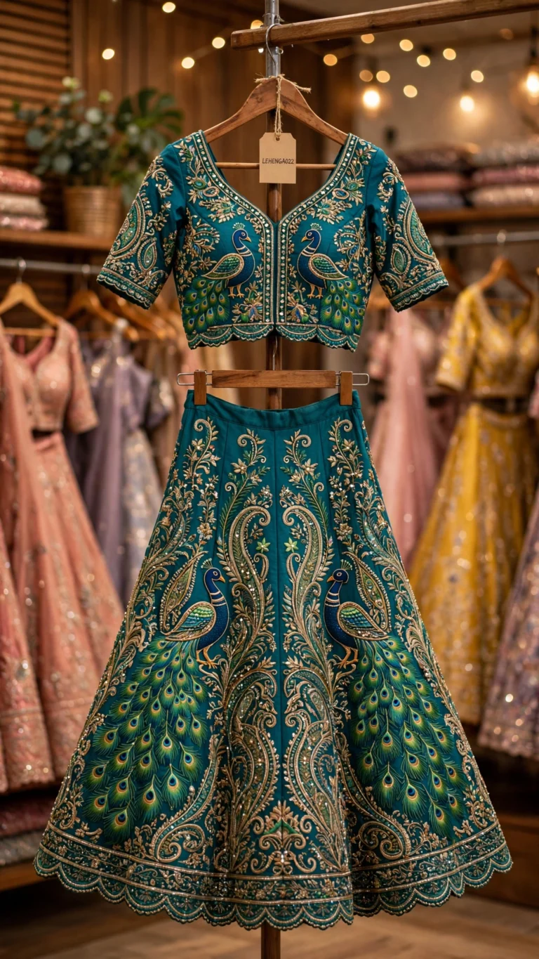 Peacock Symphony Embroidered Silk Lehenga Set – Teal