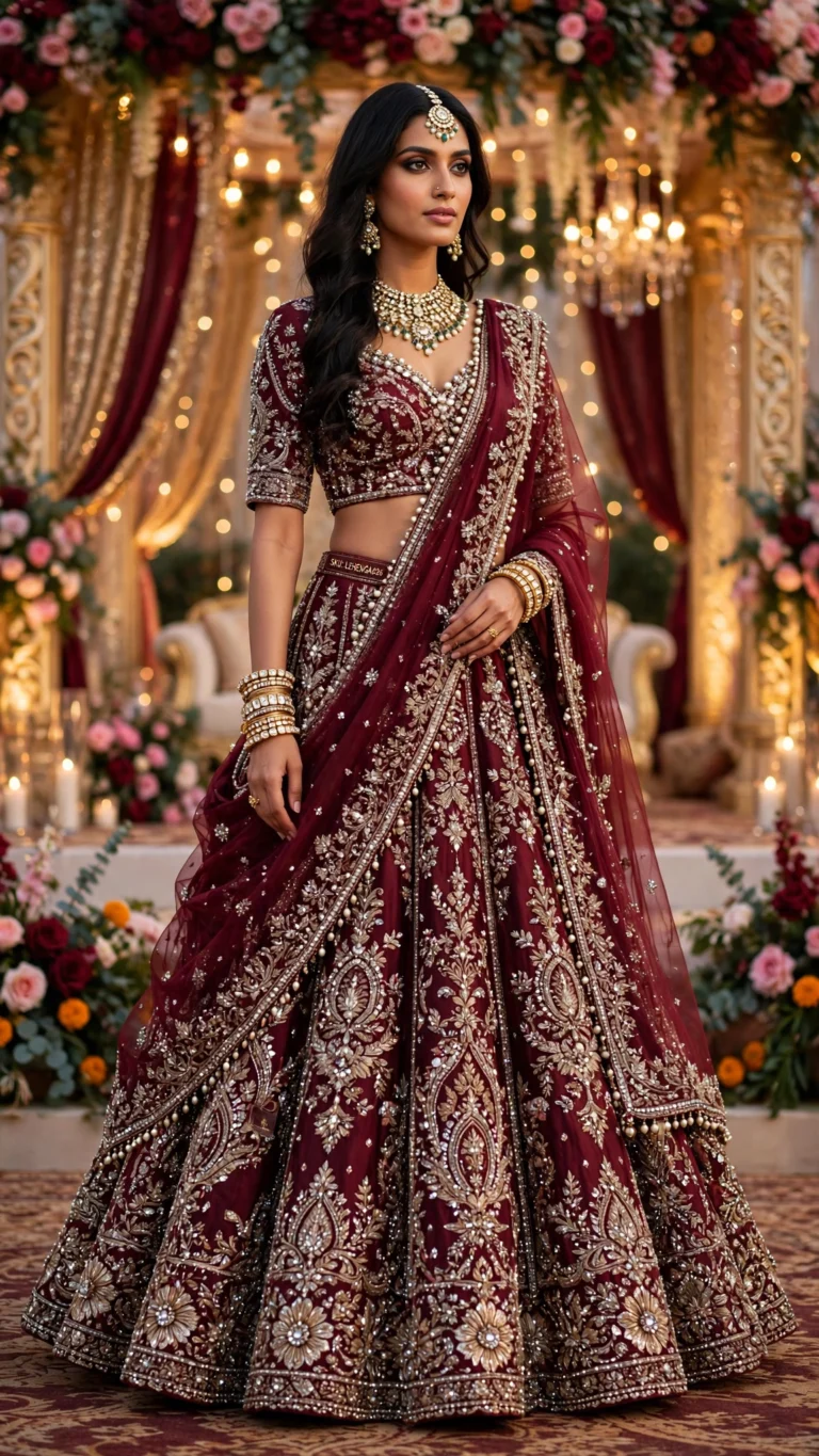 Royal Wine Velvet Embroidered Bridal Lehenga Set – Elegance Redefined