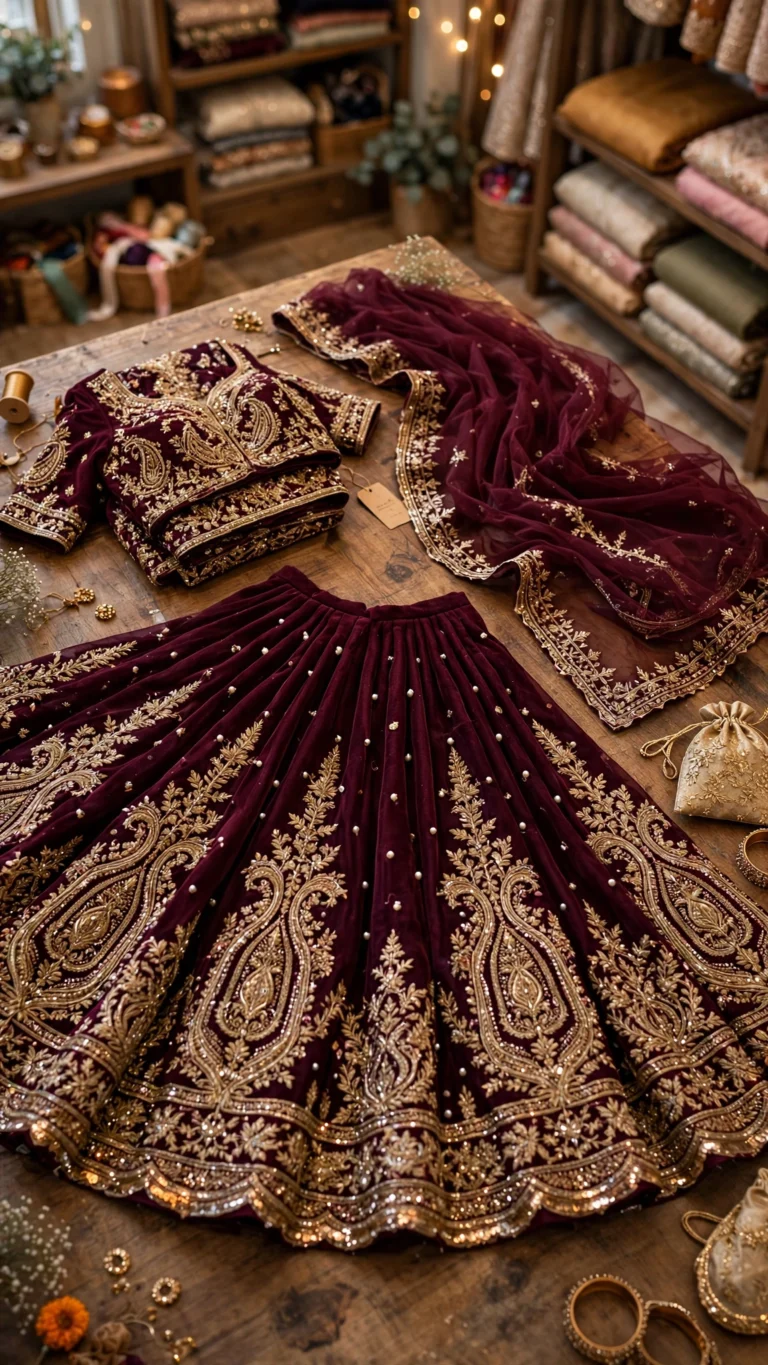 Opulent Hand-Embroidered Shimmer Silk Lehengas – Available in Champagne Gold & Regal Maroon