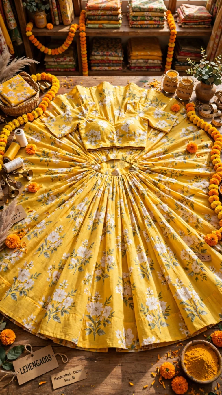 Radiant Haldi Ensemble: Handcrafted Gota Patti & Floral Printed Lehengas – Available in Sunshine Yellow Embellished & Floral Bloom