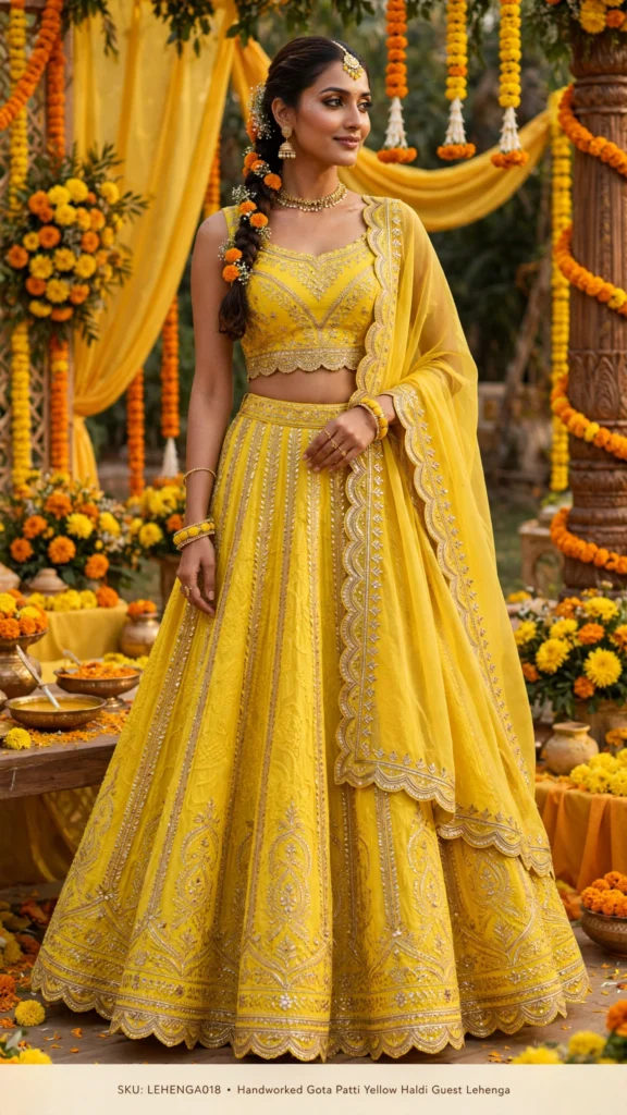 Radiant Haldi Ensemble: Handcrafted Gota Patti & Floral Printed Lehengas – Available in Sunshine Yellow Embellished & Floral Bloom - Photo 2