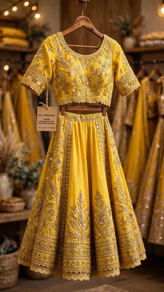 Radiant Haldi Ensemble: Handcrafted Gota Patti & Floral Printed Lehengas – Available in Sunshine Yellow Embellished & Floral Bloom - Photo 3