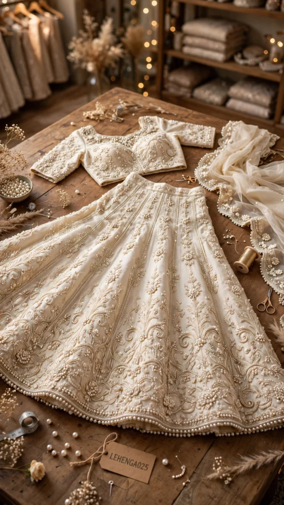 Ethereal Pearl-Embellished & Opulent Velvet Bridal Lehengas – Available in Ivory Cream & Royal Maroon - Photo 1