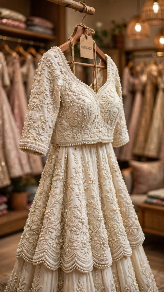 Ethereal Pearl-Embellished & Opulent Velvet Bridal Lehengas – Available in Ivory Cream & Royal Maroon - Photo 2
