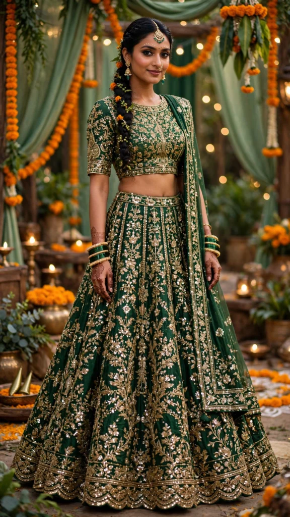Regal Zardosi Velvet Lehenga Set – Available in Emerald Green & Antique Gold - Photo 2