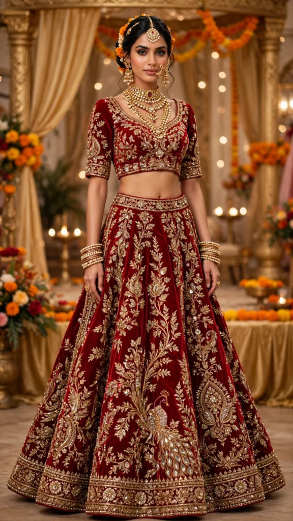 Ethereal Floral & Ruffled Ethnic Lehengas – Available in Pastel Pink, Ivory Floral & Royal Velvet Red - Photo 1