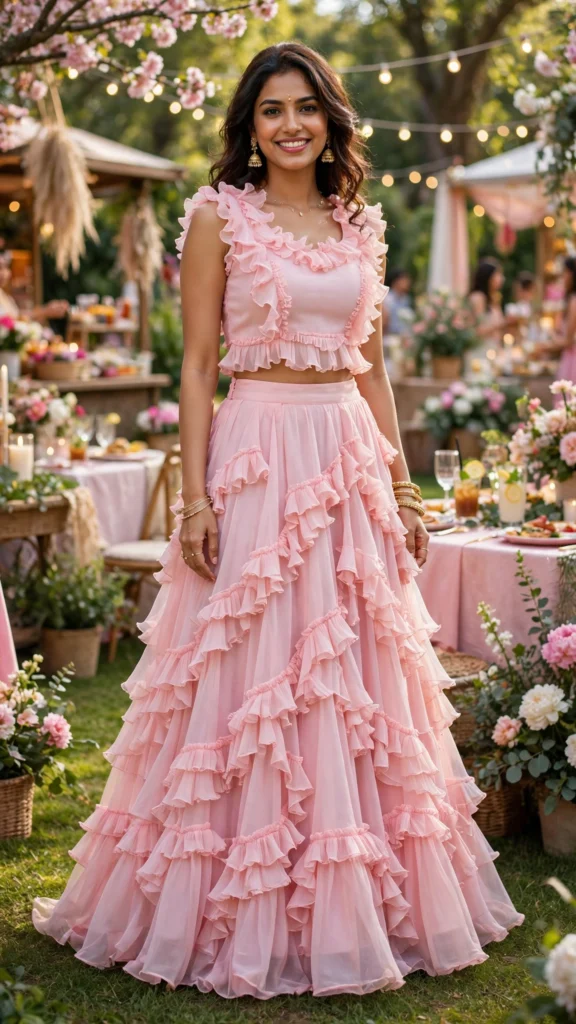 Ethereal Floral & Ruffled Ethnic Lehengas – Available in Pastel Pink, Ivory Floral & Royal Velvet Red - Photo 2