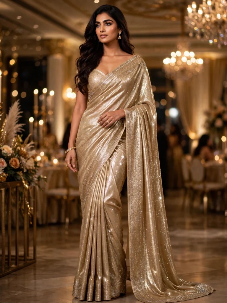 Opulent Embellished Shimmer Saree Collection – Available in Golden Glow, Midnight Black & Royal Maroon