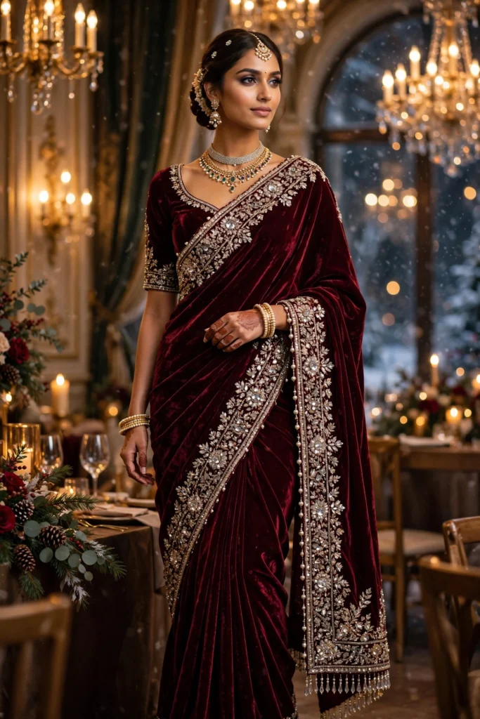 Timeless Elegance Traditional & Fusion Saree Collection – Available in Urban Grey Denim, Regal Velvet Maroon & Banarasi Crimson Silk - Photo 2