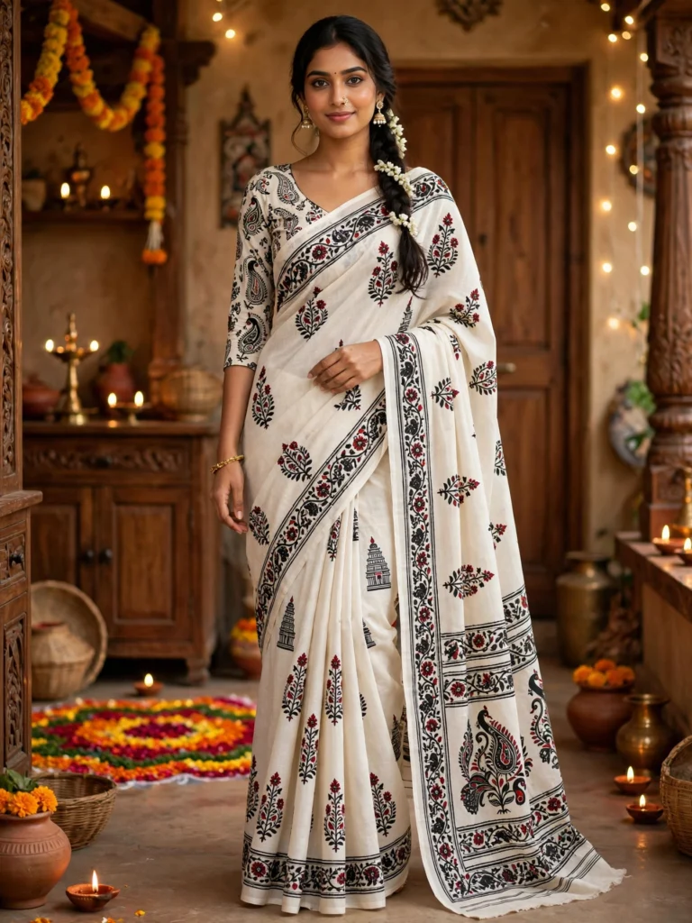 Ethereal Floral & Paisley Printed Saree Ensemble – Available in Lilac & Off-White