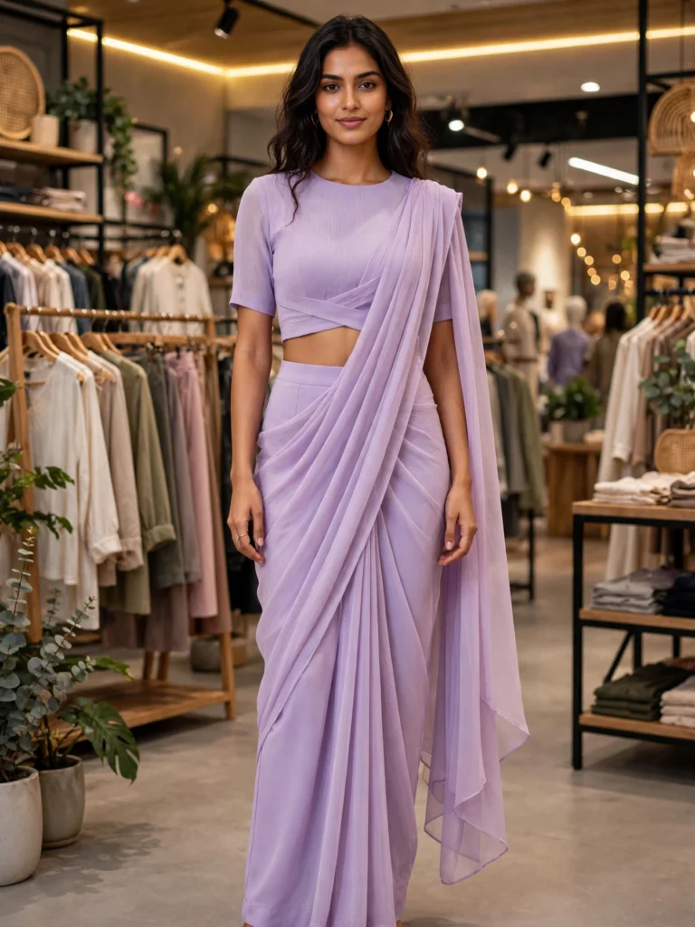 Ethereal Floral & Paisley Printed Saree Ensemble – Available in Lilac & Off-White - Photo 3