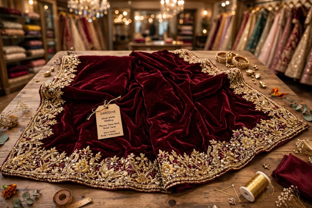 Enchanting Floral Ruffle Saree & Royal Velvet Bridal Drape – Available in Pastel Pink & Deep Maroon - Photo 1