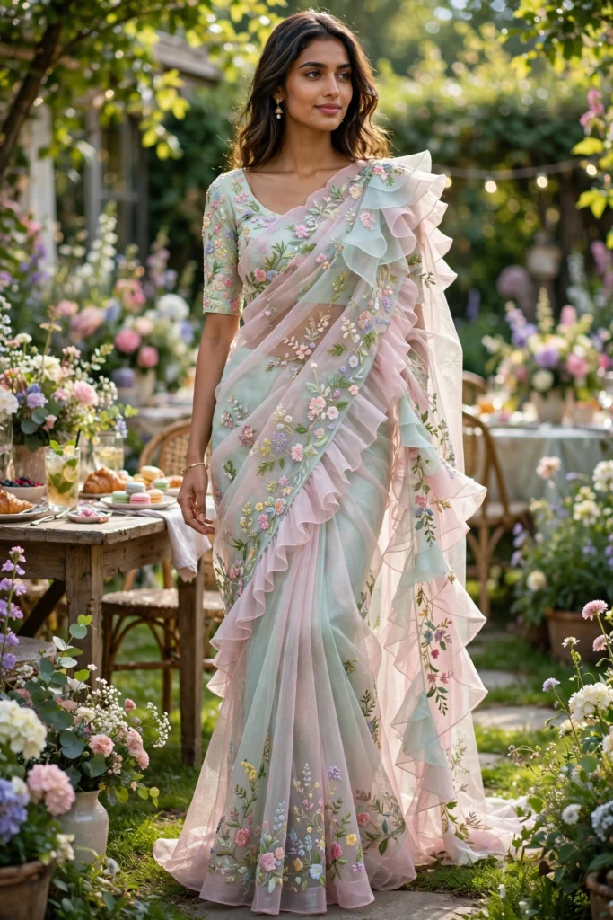 Enchanting Floral Ruffle Saree & Royal Velvet Bridal Drape – Available in Pastel Pink & Deep Maroon - Photo 2