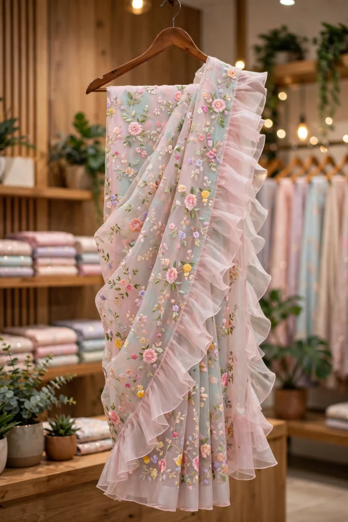 Enchanting Floral Ruffle Saree & Royal Velvet Bridal Drape – Available in Pastel Pink & Deep Maroon - Photo 3