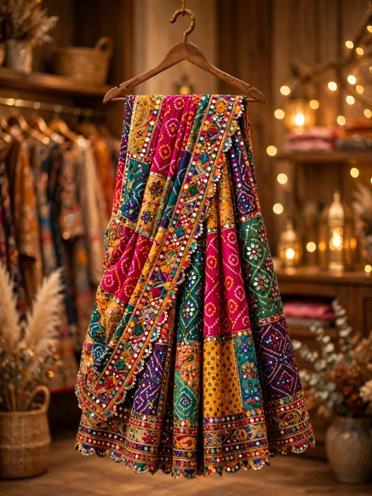 Artisanal Textured Mustard Saree & Multicoloured Embroidered Patchwork Lehenga – Available in Sunshine Mustard & Festive Multi-Colour