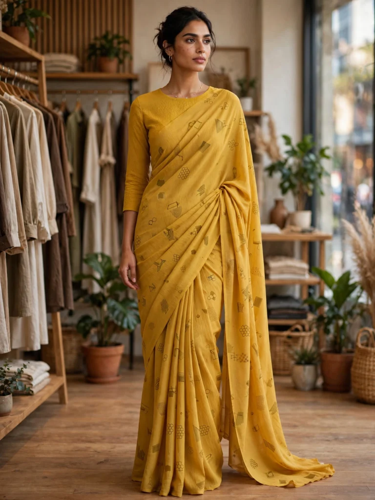 Artisanal Textured Mustard Saree & Multicoloured Embroidered Patchwork Lehenga – Available in Sunshine Mustard & Festive Multi-Colour - Photo 2
