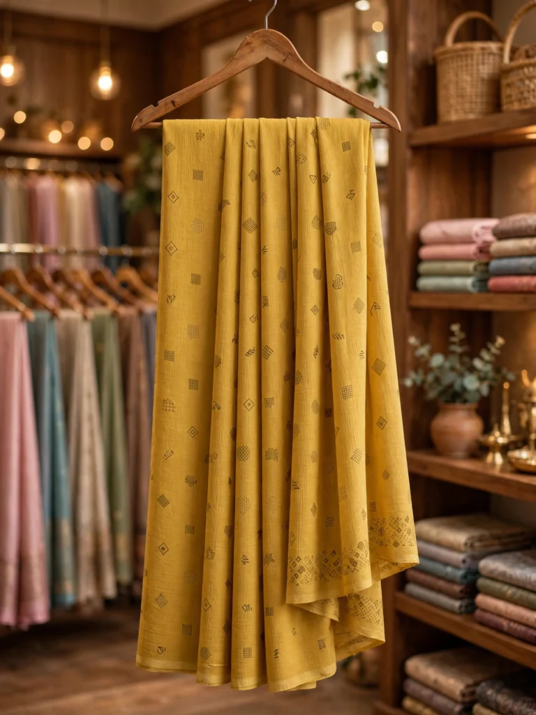 Artisanal Textured Mustard Saree & Multicoloured Embroidered Patchwork Lehenga – Available in Sunshine Mustard & Festive Multi-Colour - Photo 3