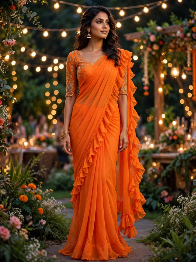 Vibrant Tangerine Ruffle Saree Set with Intricate Embroidery – Available in Tangerine & Mustard Stationery Print - Photo 3