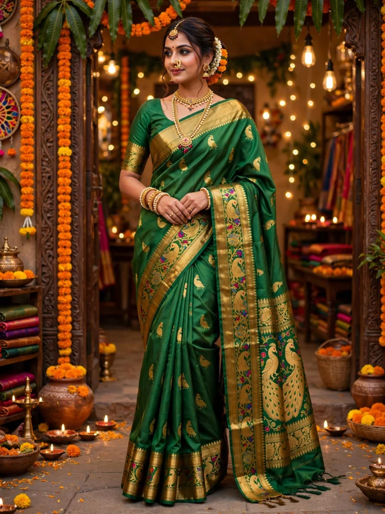 Ethereal Floral & Traditional Silk Saree Ensemble – Available in Sage Green & Festive Emerald – Available in Sage Green & Festive Emerald - Photo 2