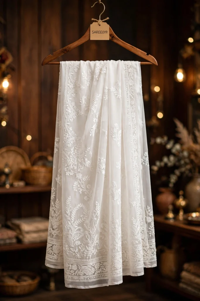 Opulent Gilded Embellished Chiffon Saree – Available in Champagne Gold & Pristine Ivory - Photo 3