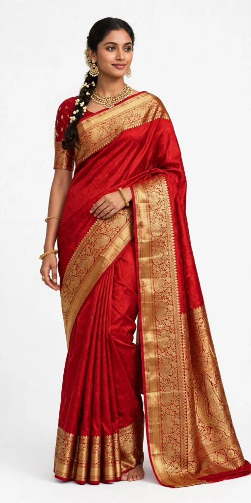 Timeless Temple Motif Silk Saree with Grand Zari Border – Available in Royal Blue & Crimson Red - Photo 1