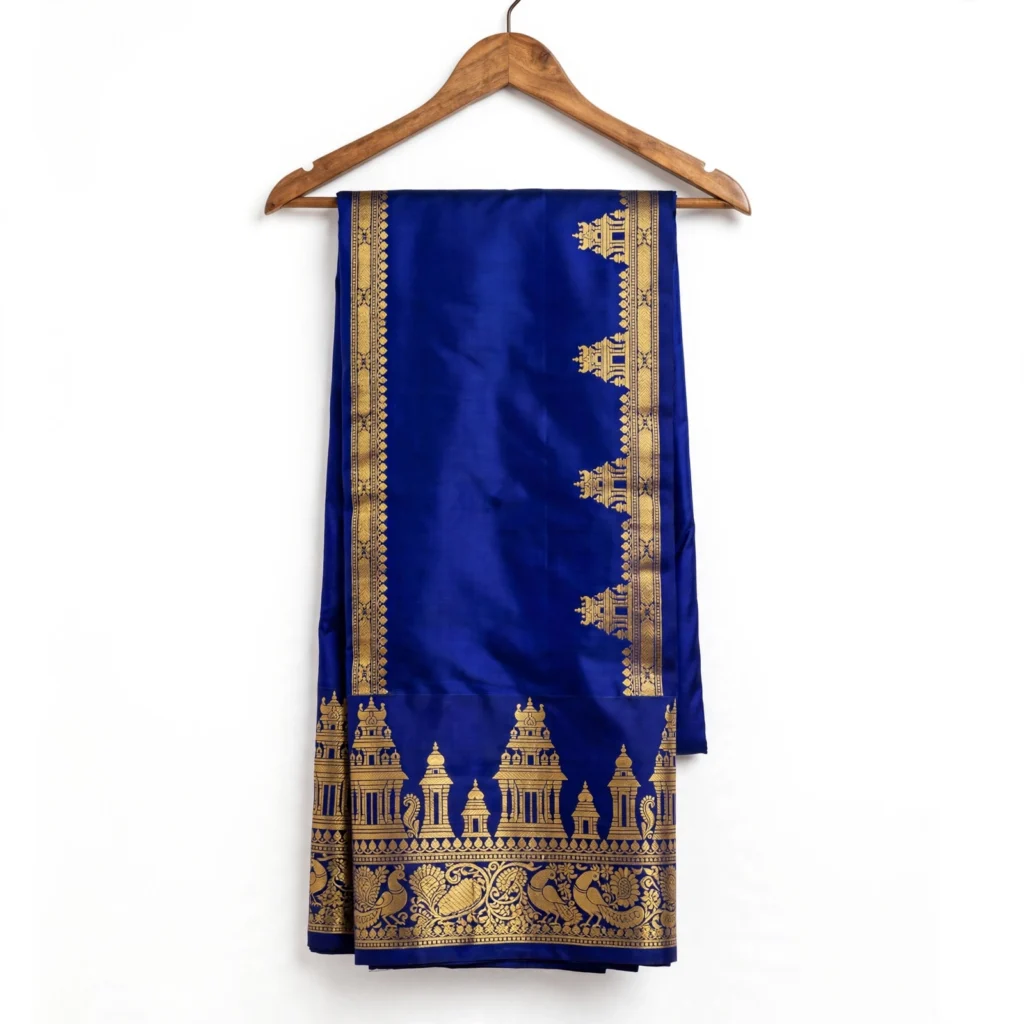 Timeless Temple Motif Silk Saree with Grand Zari Border – Available in Royal Blue & Crimson Red - Photo 3
