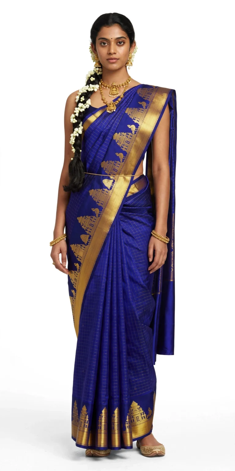 Royal Blue Kanjeevaram Silk Saree with Temple Border