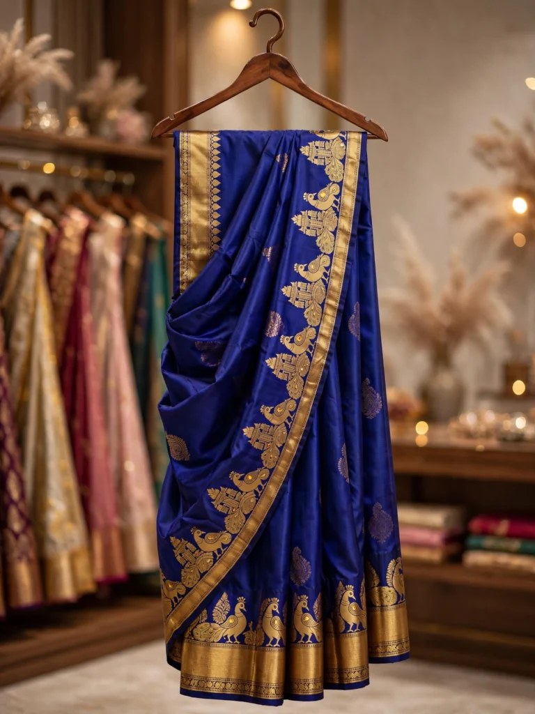 Royal Blue Kanjeevaram Silk Saree with Temple Border - Photo 2