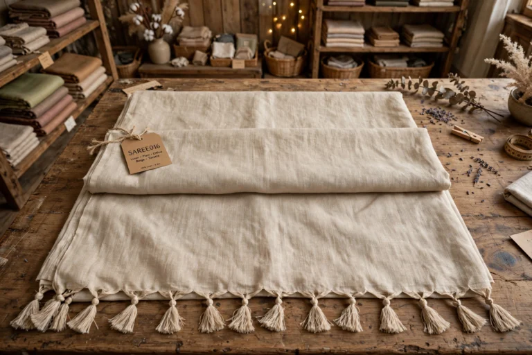 Ethereal Floral Organza Ruffle Saree with Traditional Hand-Block Prints – Available in Classic Beige & Heritage Ivory