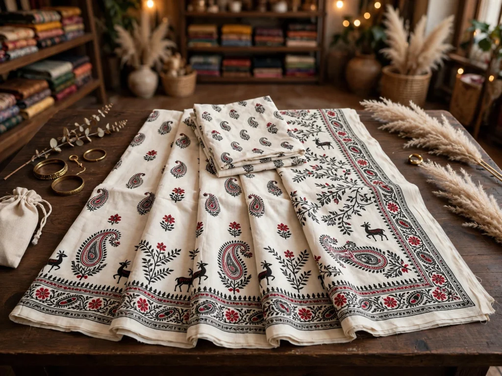 Ethereal Floral Organza Ruffle Saree with Traditional Hand-Block Prints – Available in Classic Beige & Heritage Ivory - Photo 2