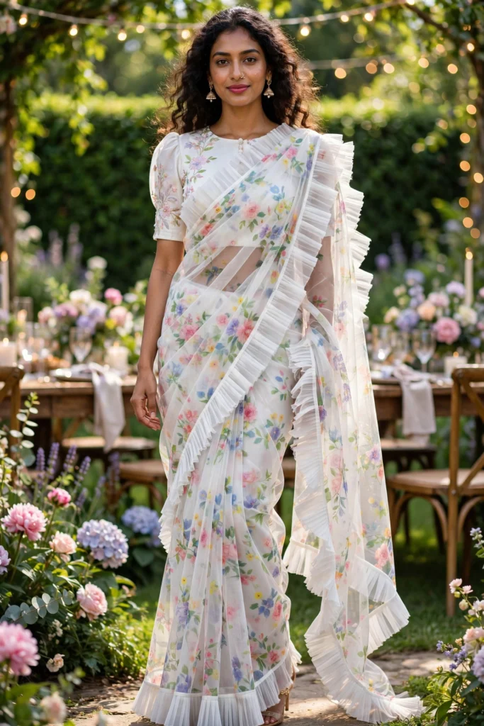 Ethereal Floral Organza Ruffle Saree with Traditional Hand-Block Prints – Available in Classic Beige & Heritage Ivory - Photo 3