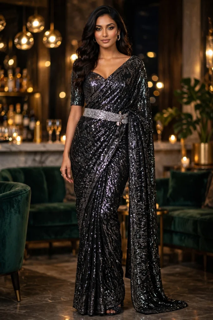 Opulent Sequin & Chiffon Saree Collection – Available in Mint Green, Midnight Black & Shimmer Silver - Photo 2