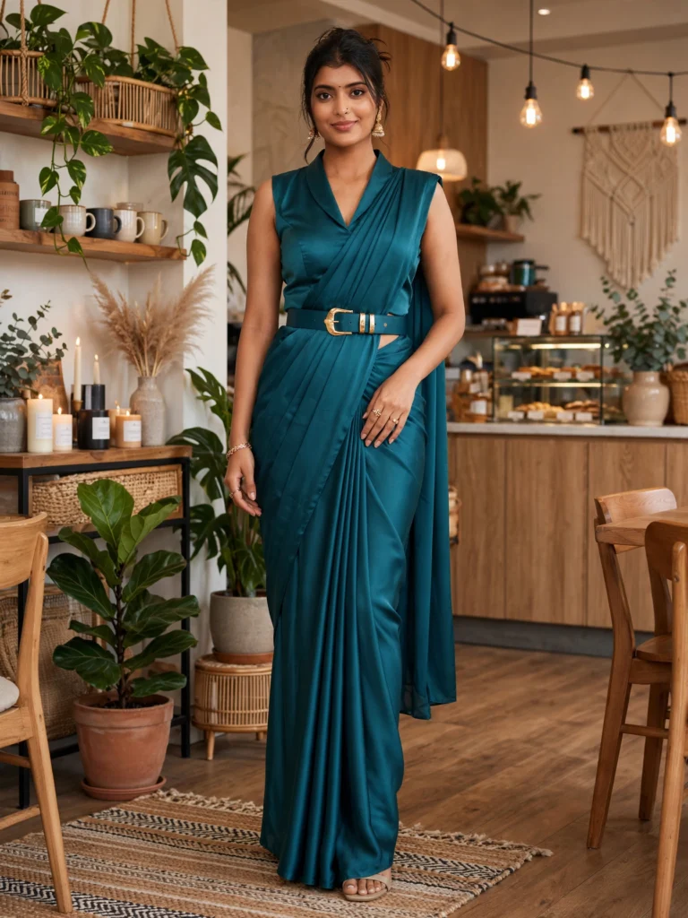 Midnight Teal Satin Draped Belted Saree – Modern Minimalist Elegance