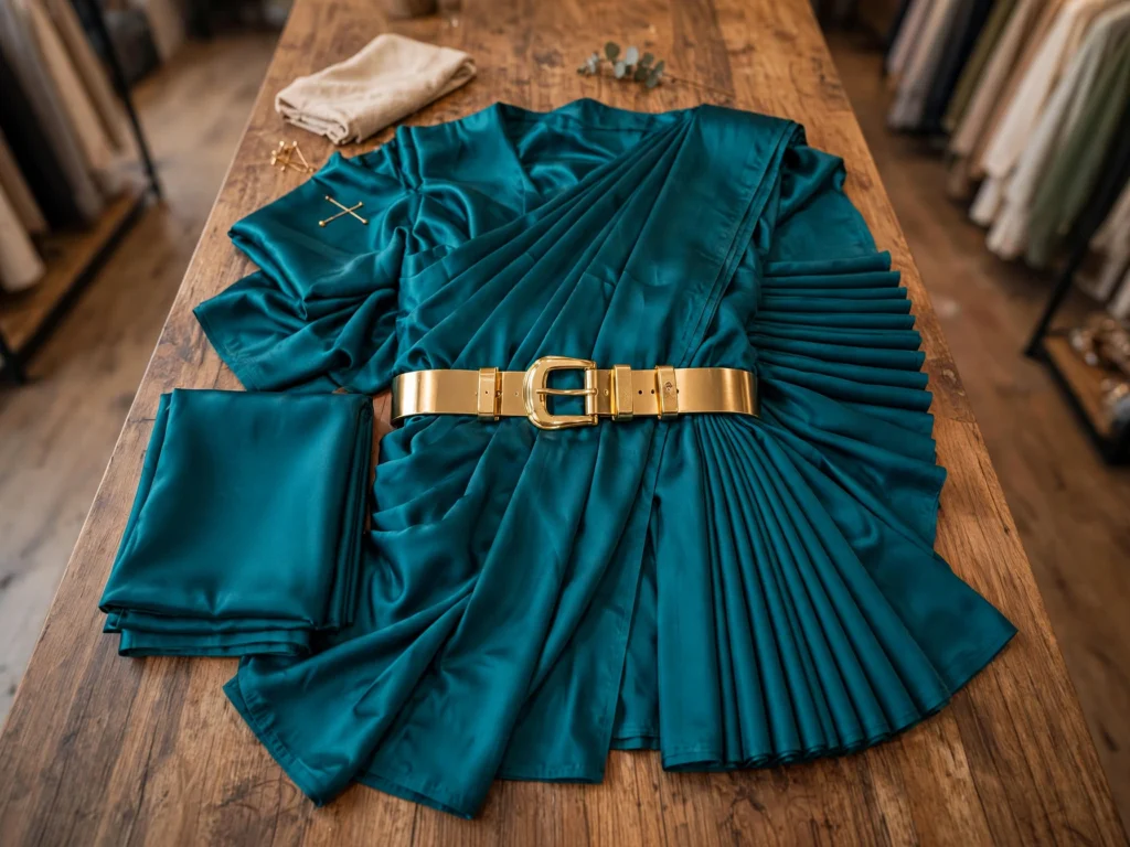 Midnight Teal Satin Draped Belted Saree – Modern Minimalist Elegance - Photo 2