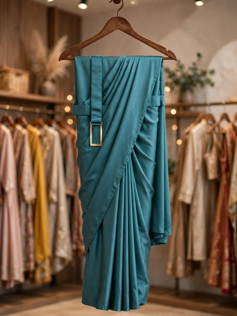 Midnight Teal Satin Draped Belted Saree – Modern Minimalist Elegance - Photo 3