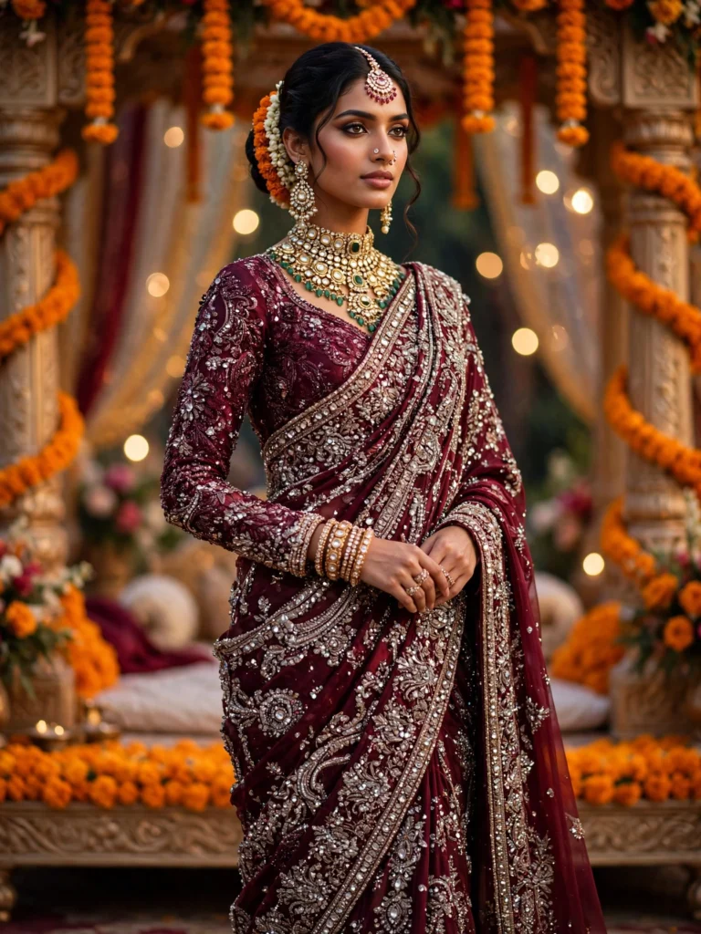 Opulent Hand-Embroidered Velvet and Chiffon Draped Sarees – Available in Floral Bloom & Royal Maroon - Photo 2