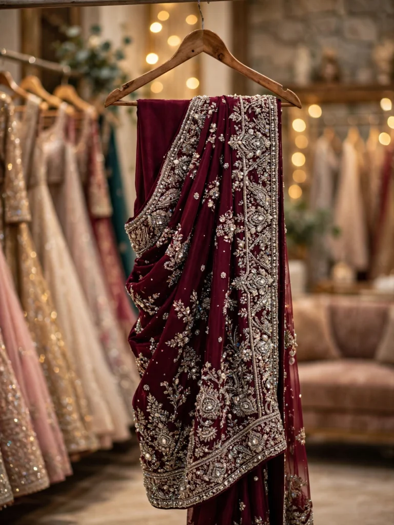Opulent Hand-Embroidered Velvet and Chiffon Draped Sarees – Available in Floral Bloom & Royal Maroon - Photo 3