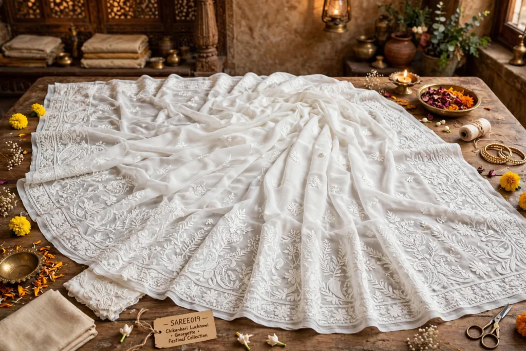 Ethereal Artisanal Embroidered Georgette Saree – Available in Rose Quartz & Pristine White - Photo 1