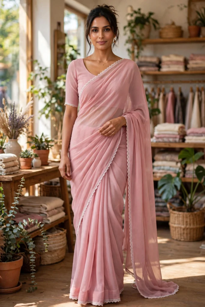Ethereal Artisanal Embroidered Georgette Saree – Available in Rose Quartz & Pristine White - Photo 2