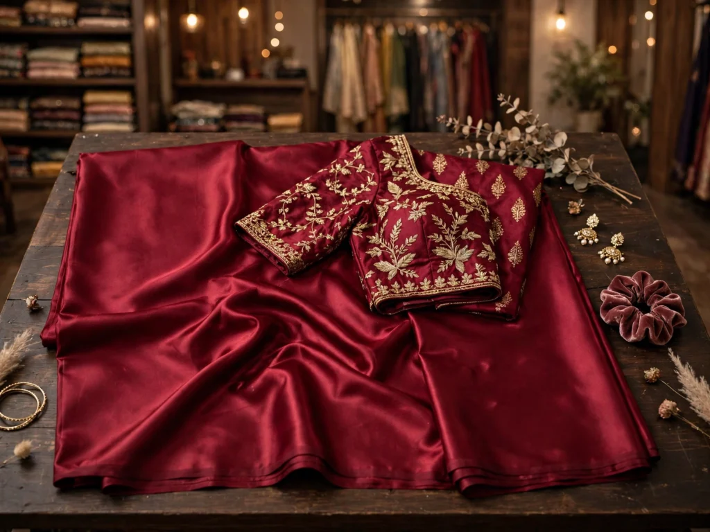Regal Satin Silk Embroidered Saree with Heavily Embellished Blouse – Available in Deep Burgundy & Midnight Plum - Photo 1
