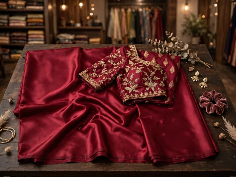 Regal Satin Silk Embroidered Saree with Heavily Embellished Blouse – Available in Deep Burgundy & Midnight Plum