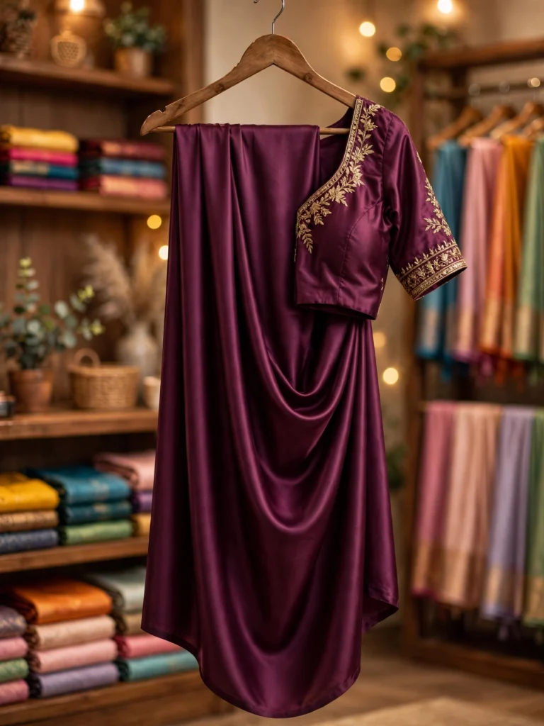 Regal Satin Silk Embroidered Saree with Heavily Embellished Blouse – Available in Deep Burgundy & Midnight Plum - Photo 2
