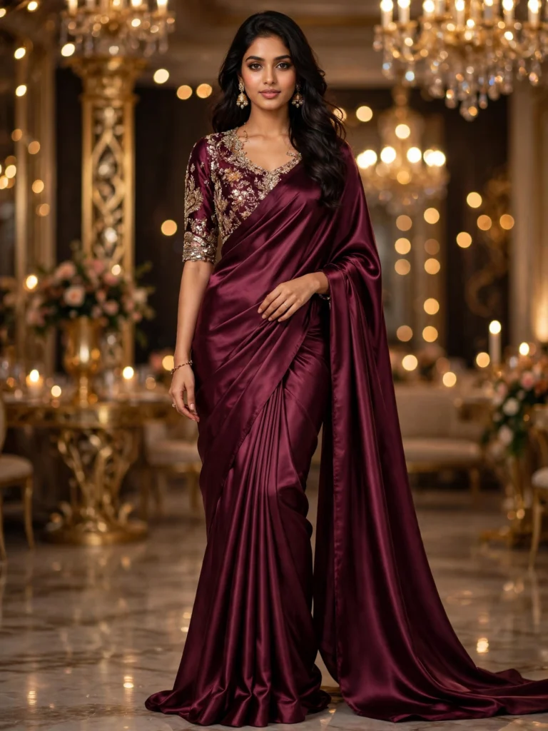 Regal Satin Silk Embroidered Saree with Heavily Embellished Blouse – Available in Deep Burgundy & Midnight Plum - Photo 3